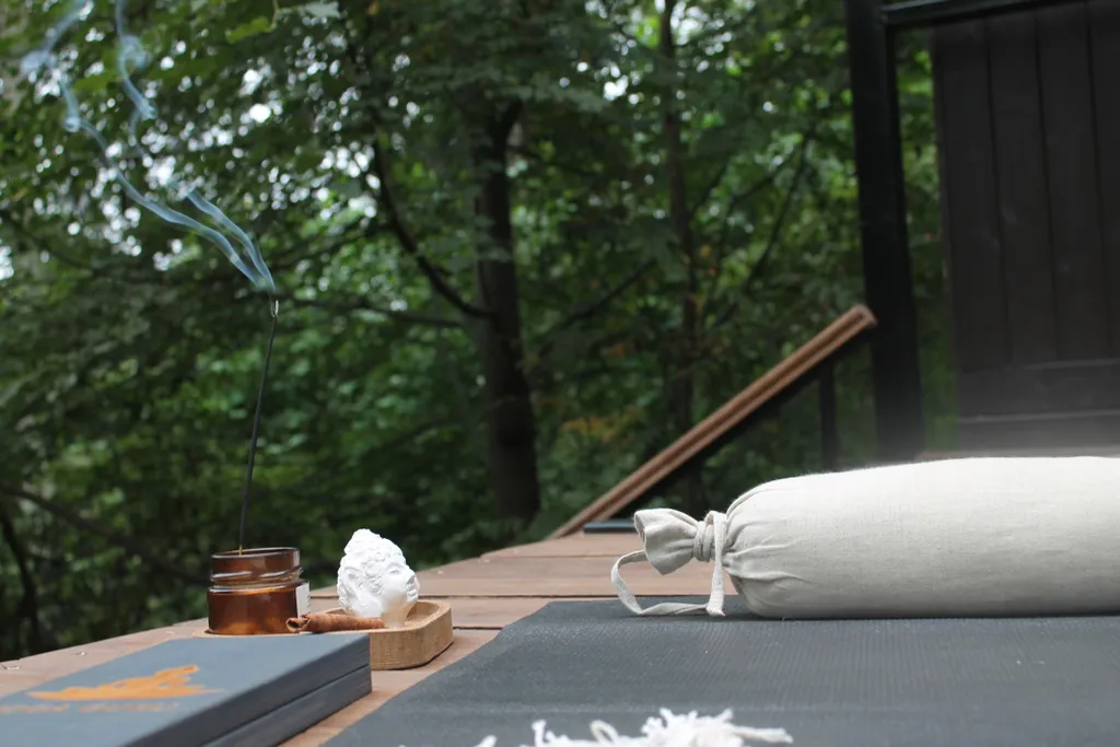 Дом с ванной у панорамных окон и высокой террасой в лесу