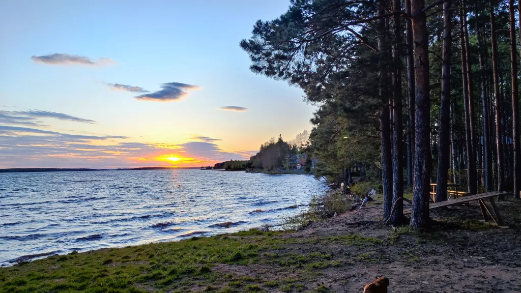 Коттедж Дом у озера с баней, чаном и детской площадкой с батутом. — Ланино