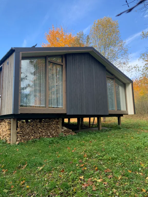 Дом с панорамными окнами в окружении леса