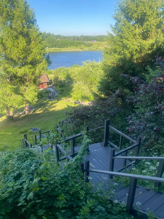 Усадебный дом с видом на реку, берег с мостками и рыбной ловлей