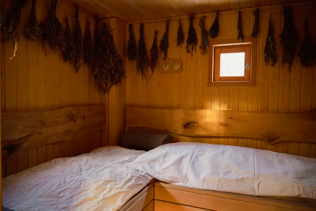 Уютный домик с горячей купелью, в окружении соснового леса