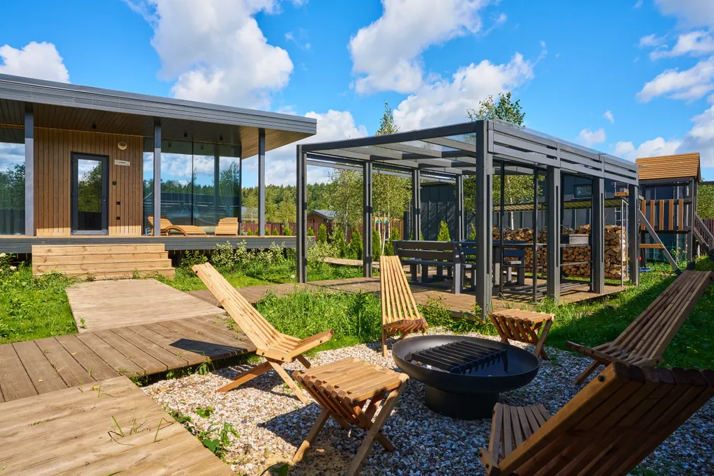 Большой панорамный дом с камином и сауной