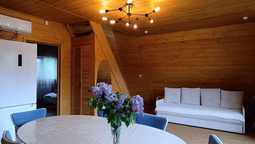 Большой деревянный треугольный дом (афрейм) с видом на бештау