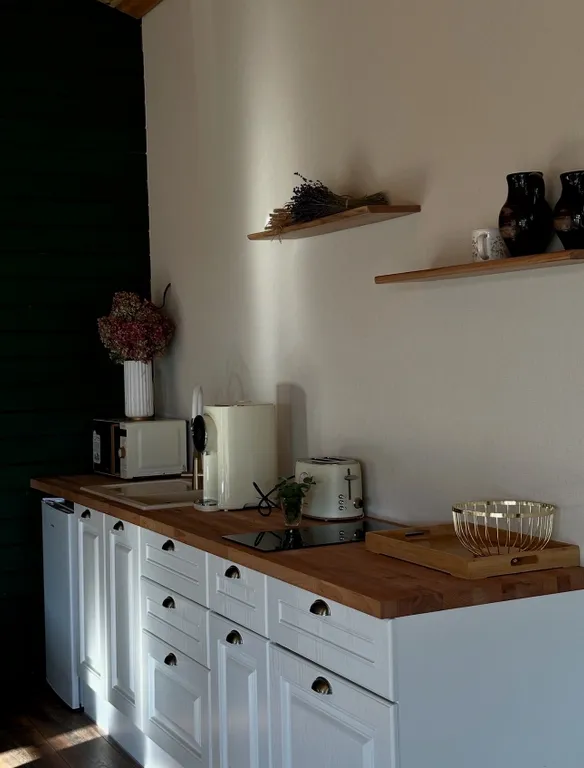 Дом-баня в красивом саду рядом с водоемом