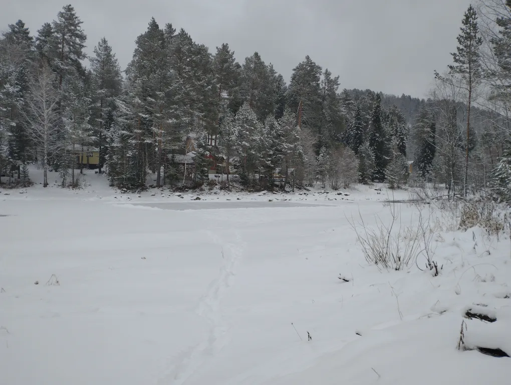 2х этажный коттедж, в зимнем лесу на берегу реки