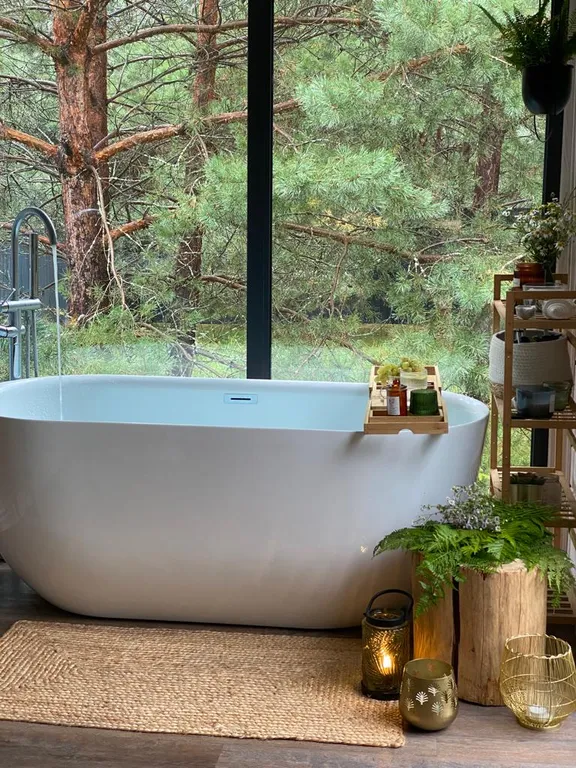 Скандинавский дом с ванной внутри и видом на лес