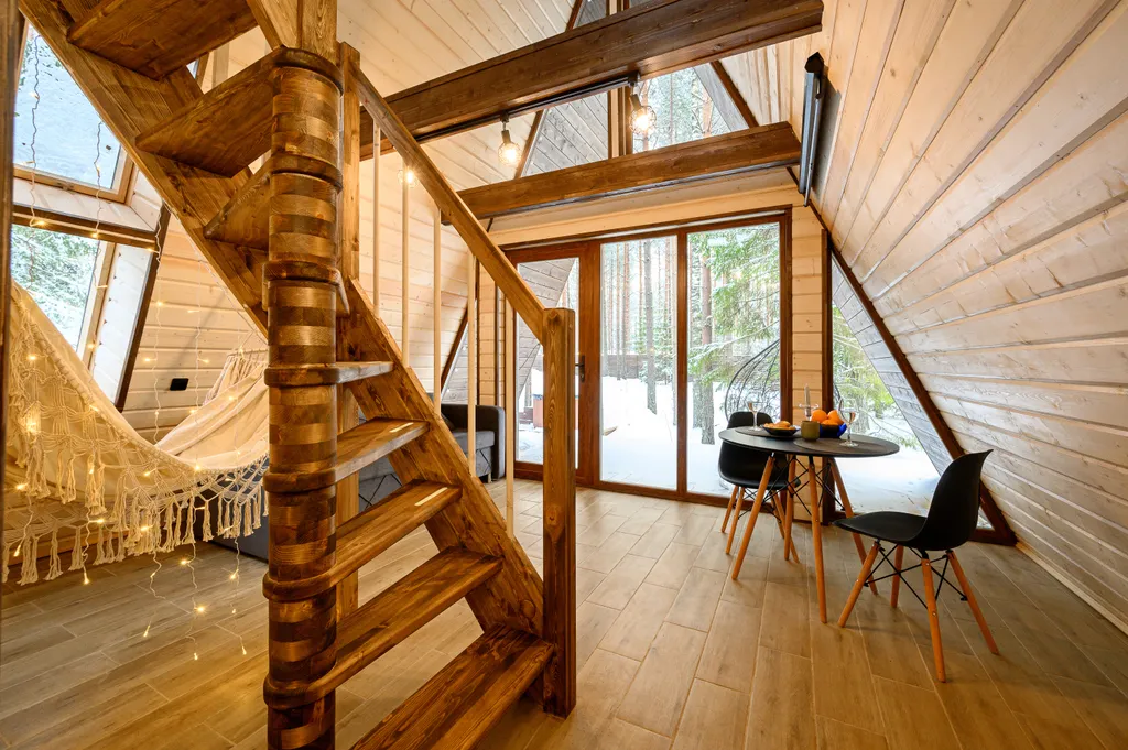 Стильный дом-шалаш с горячей купелью среди вековых сосен