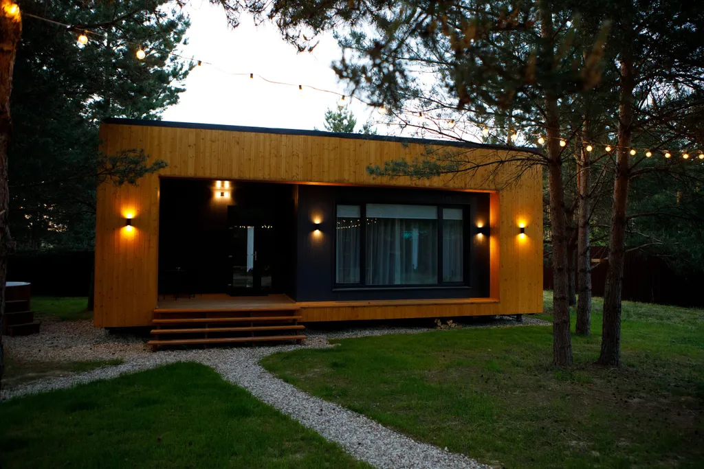 Дом с сауной и горячим чаном на участке с соснами