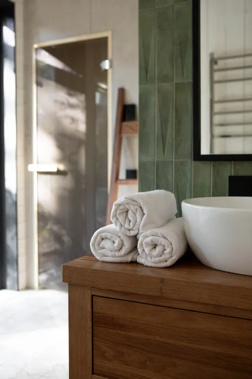 Дом в сосновом лесу с ванной у окна