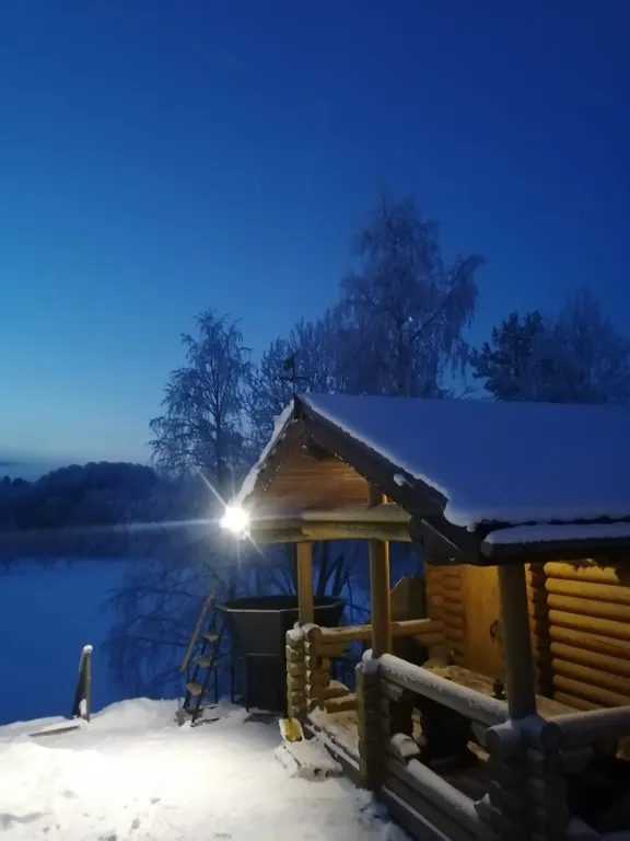 Деревянный дом с камином, баней и чаном на берегу Меличуярви у леса