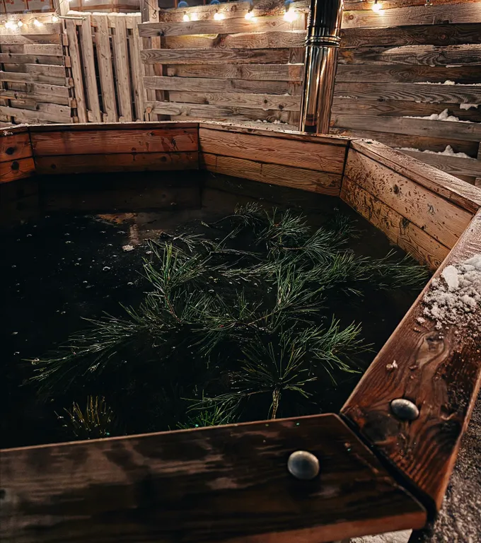 Уютный домик на берегу реки с горячим чаном