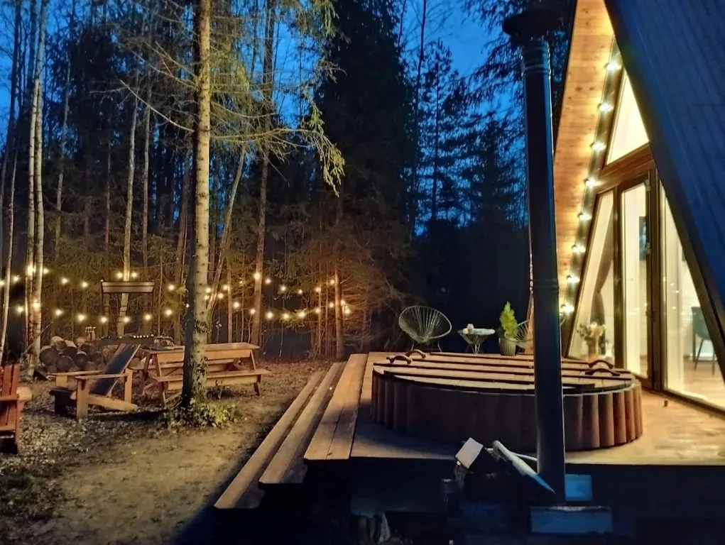 Дом A-frame с купелью, баней и бассейном в сосновом лесу