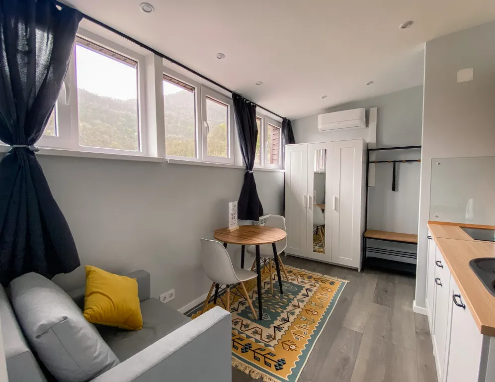 Студия с видом на озеро и горы