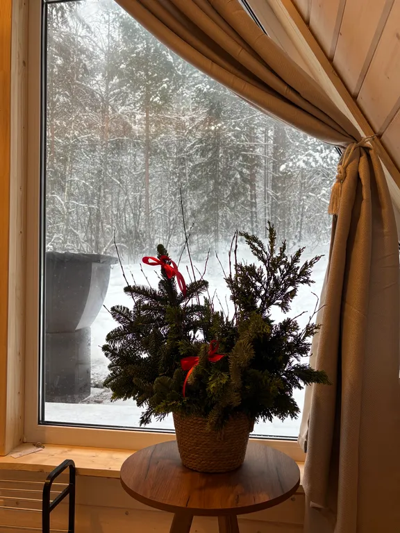 А-фрейм в лесу с банным чаном