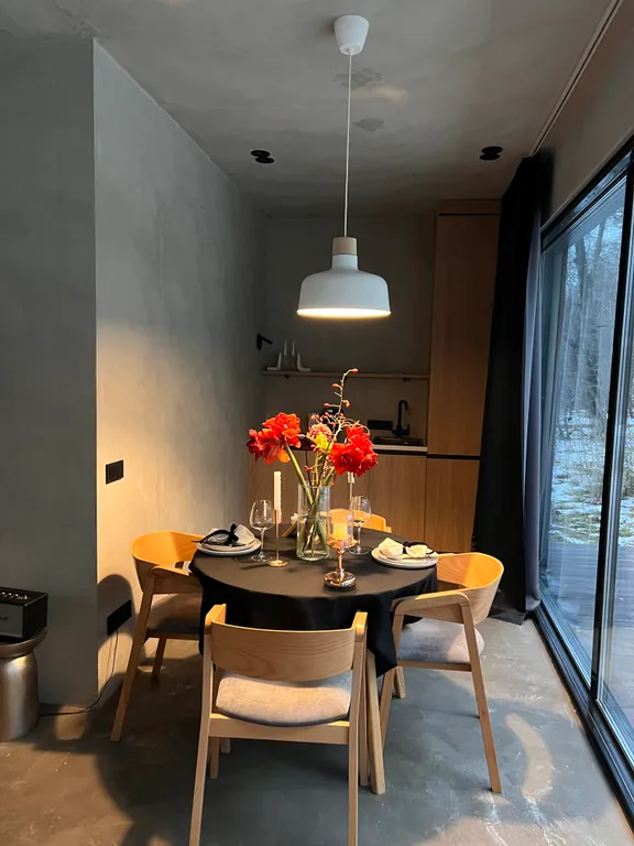 Премиальный дом с дизайнерским камином на дровах в лесу