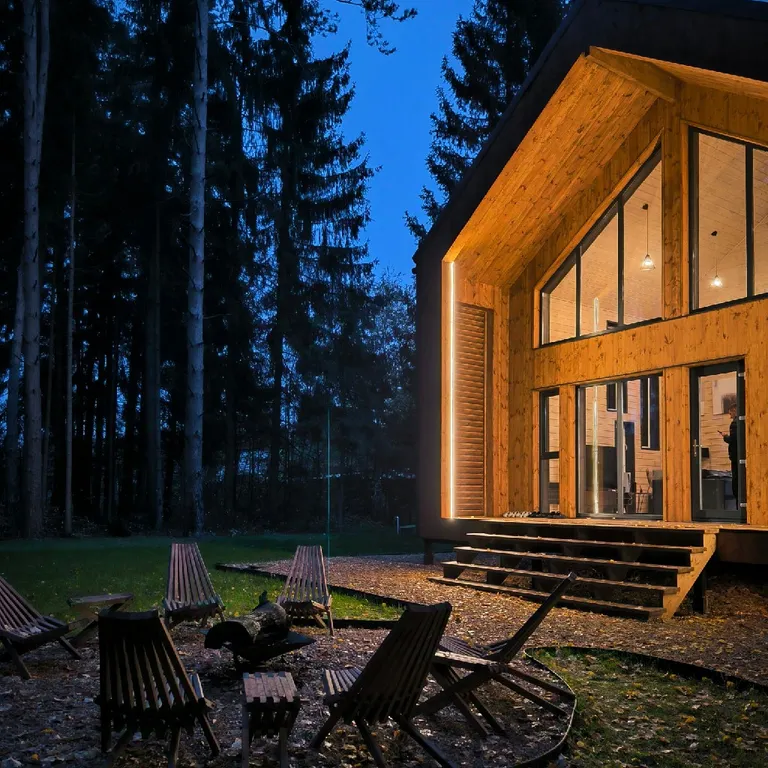 Стильный Барнхаус со вторым светом с видом на сосновый лес