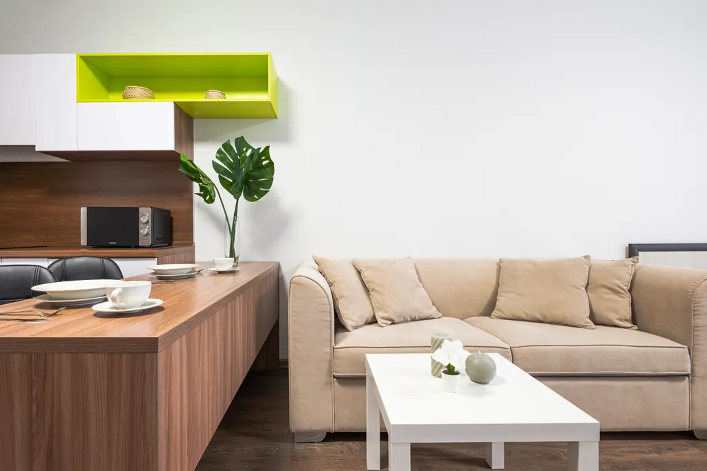 Светлая студия с кроватью и диваном