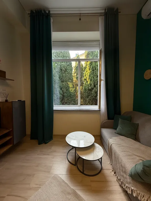 Квартира-студия с кипарисами за окном