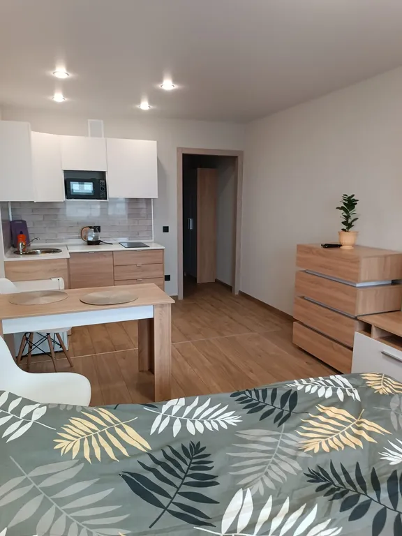 Уютная, чистая студия с красивым видом из окна