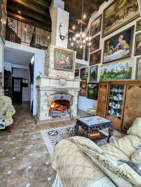 Большой красивый дом с камином в лесу