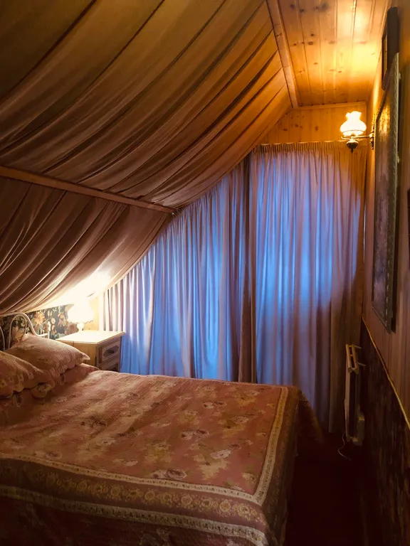 Изба (дом) из экологически чистого бревна под камышовой крышей в лесу