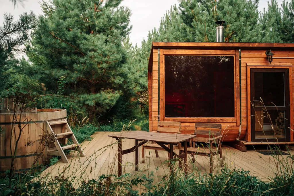 Уютная хижина в лесу у реки