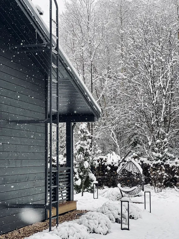 Новый стильный дом с зоной SPA, камином и красивым садом у леса