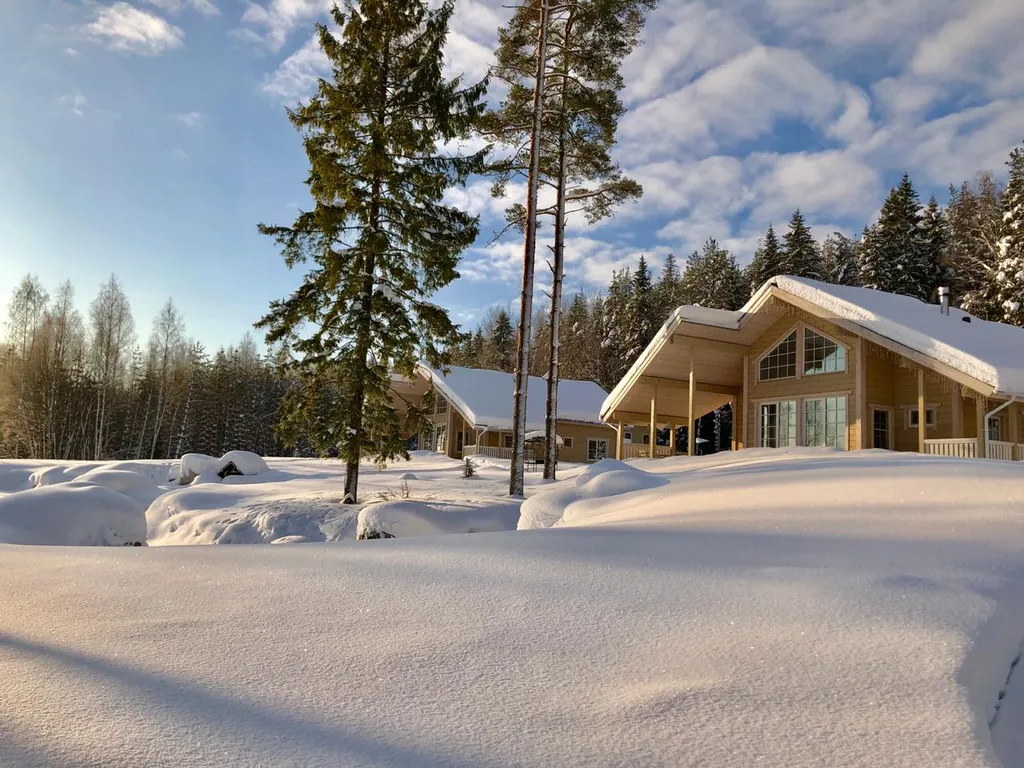 Коттедж с сауной и камином на берегу озера в сосновом лесу