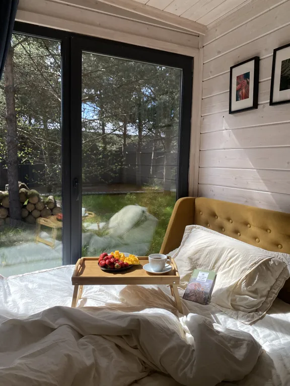 Скандинавский дом с ванной внутри и видом на лес