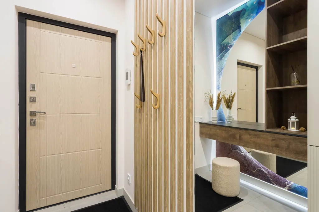 Современная трешка с видом на озеро и каминным залом