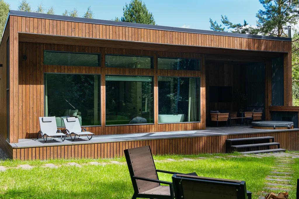 Премиальное шале с сауной и купелью в лесу.