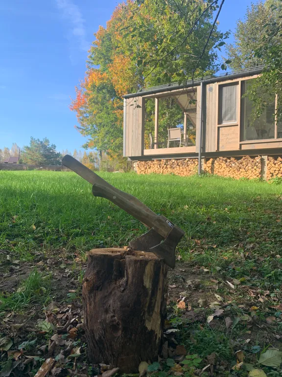 Дом с панорамными окнами в окружении леса