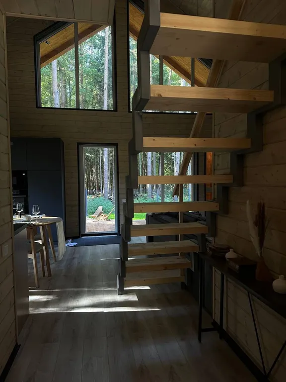 Стильный Барнхаус со вторым светом с видом на сосновый лес
