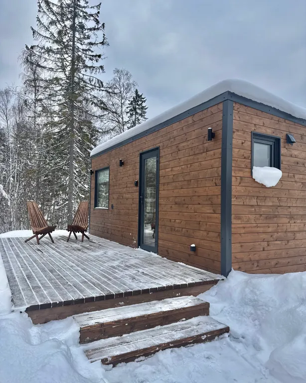 Уютный домик с панорамным окном и видом на лес