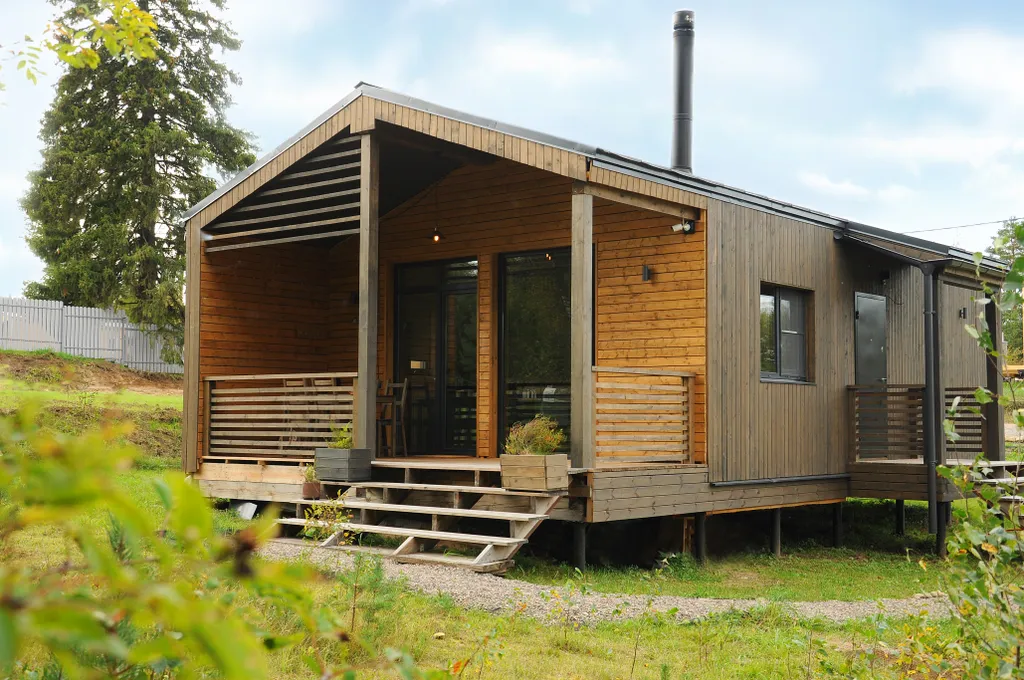 Уютный домик у леса с камином, панорамными окнами и купелью