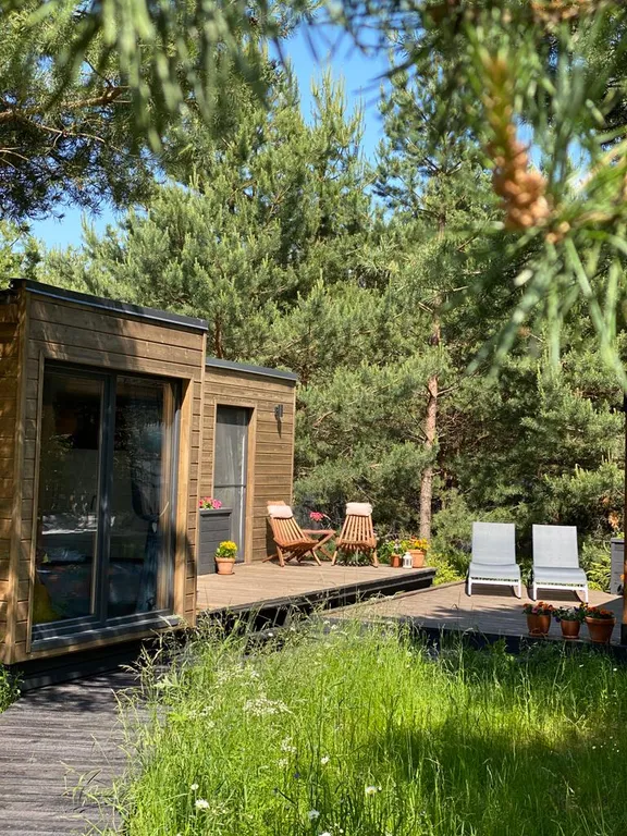 Скандинавский дом с ванной внутри и видом на лес