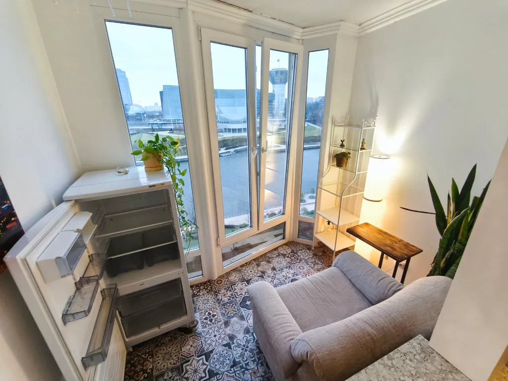 Студия с камином, деревом и видом на реку