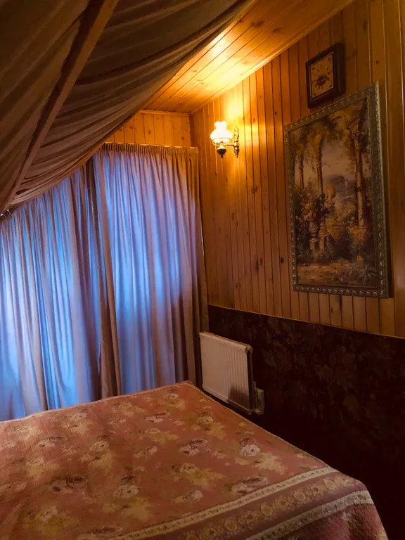 Изба (дом) из экологически чистого бревна под камышовой крышей в лесу