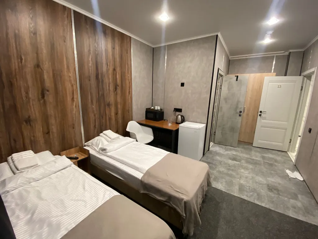 Двухместная студия с видом на горы и двумя отдельными кроватями.