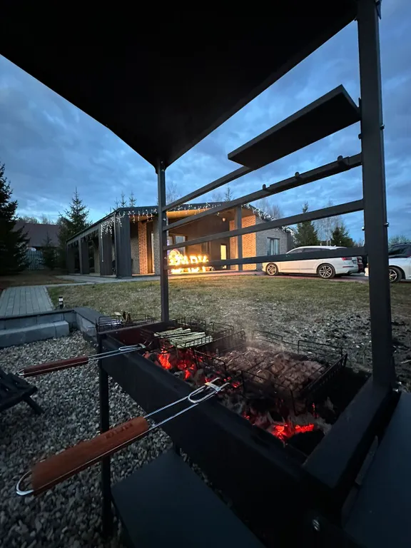 Новый дом в окружении елок с панорамными окнами и баней