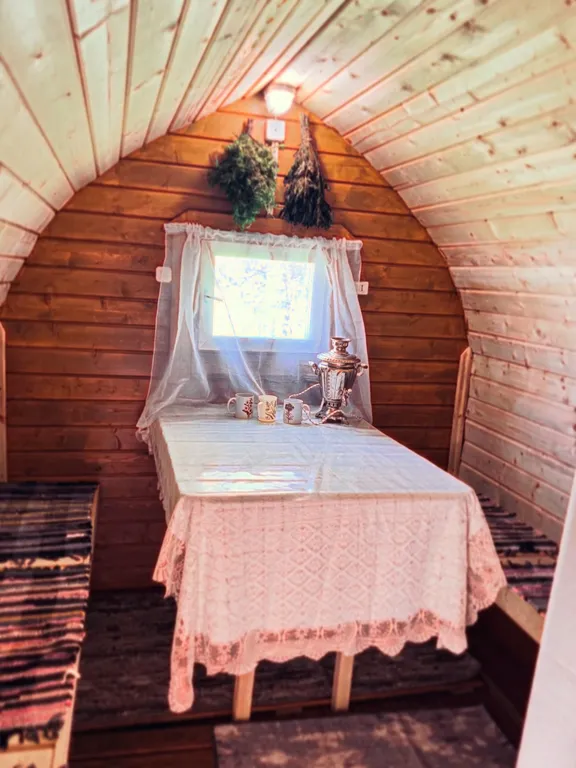 Дом A-frame с купелью и баней в сосновом лесу