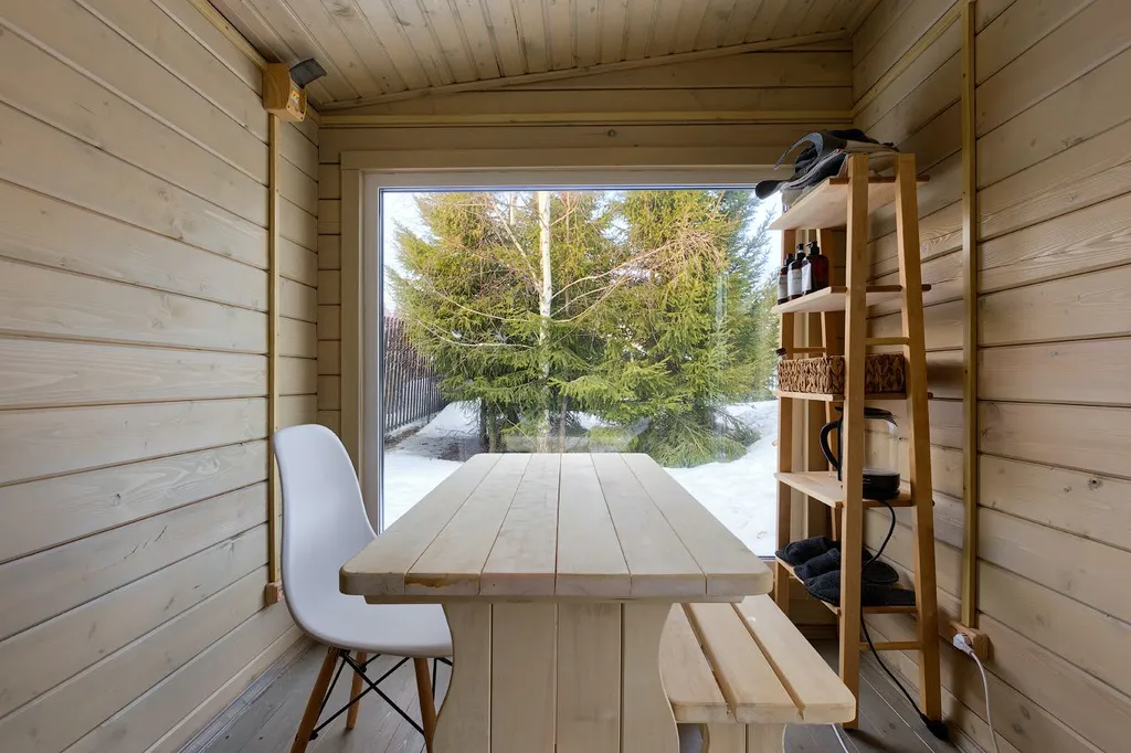 Новый дом в окружении елок с панорамными окнами и баней