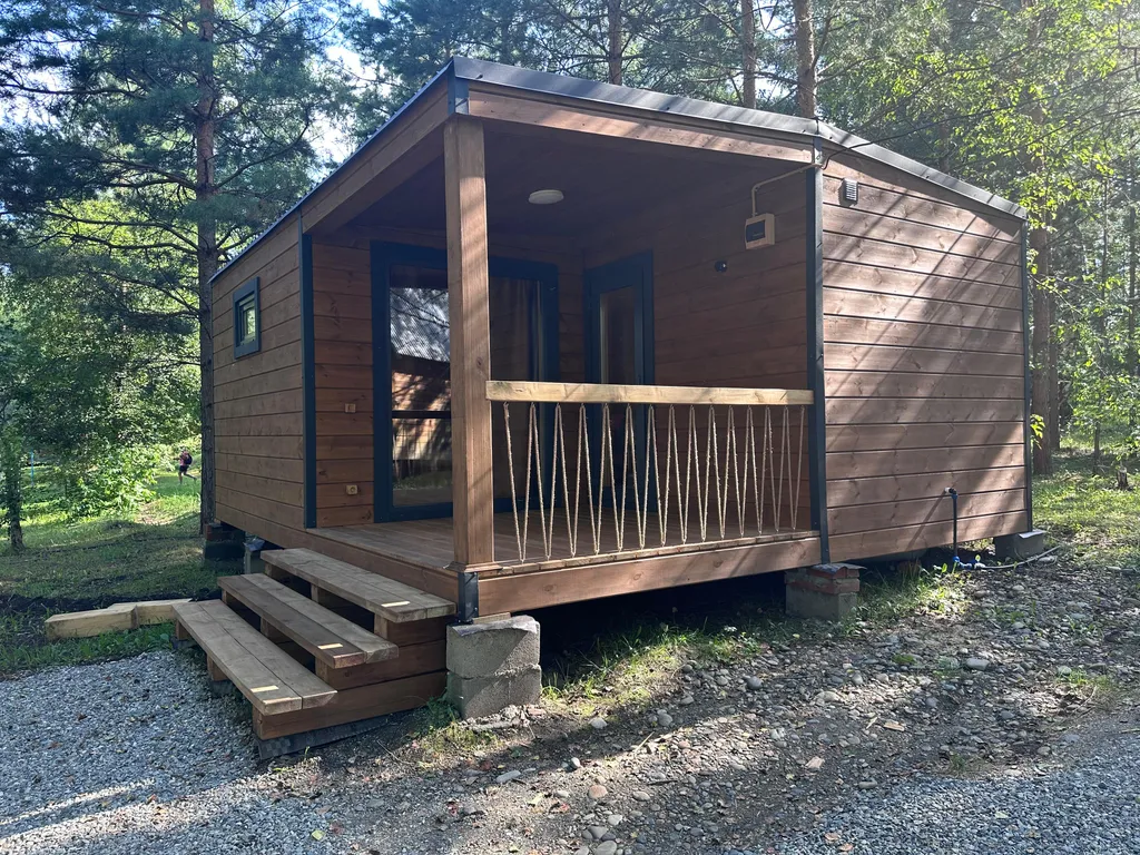 Домик с панорамными окнами в лесу