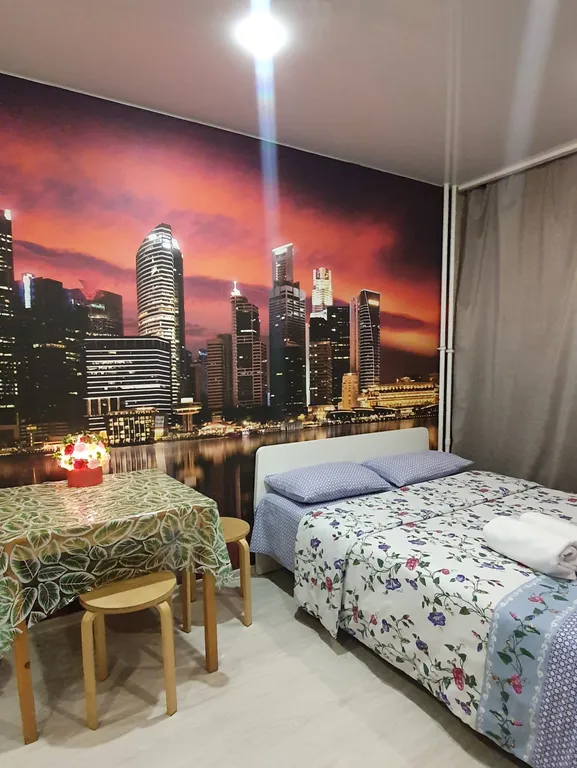 Уютная студия Мегаполис с большими окнами и плотными шторами