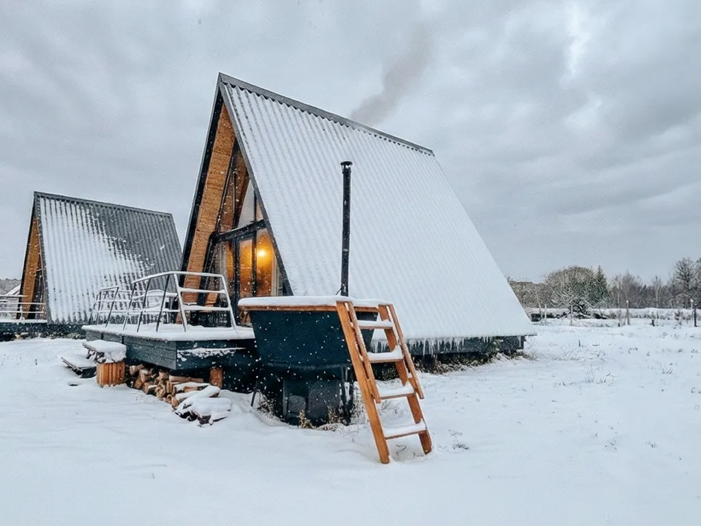 Глэмпинг, двуэтажный а-фрейм с террасой 44м2+14м2