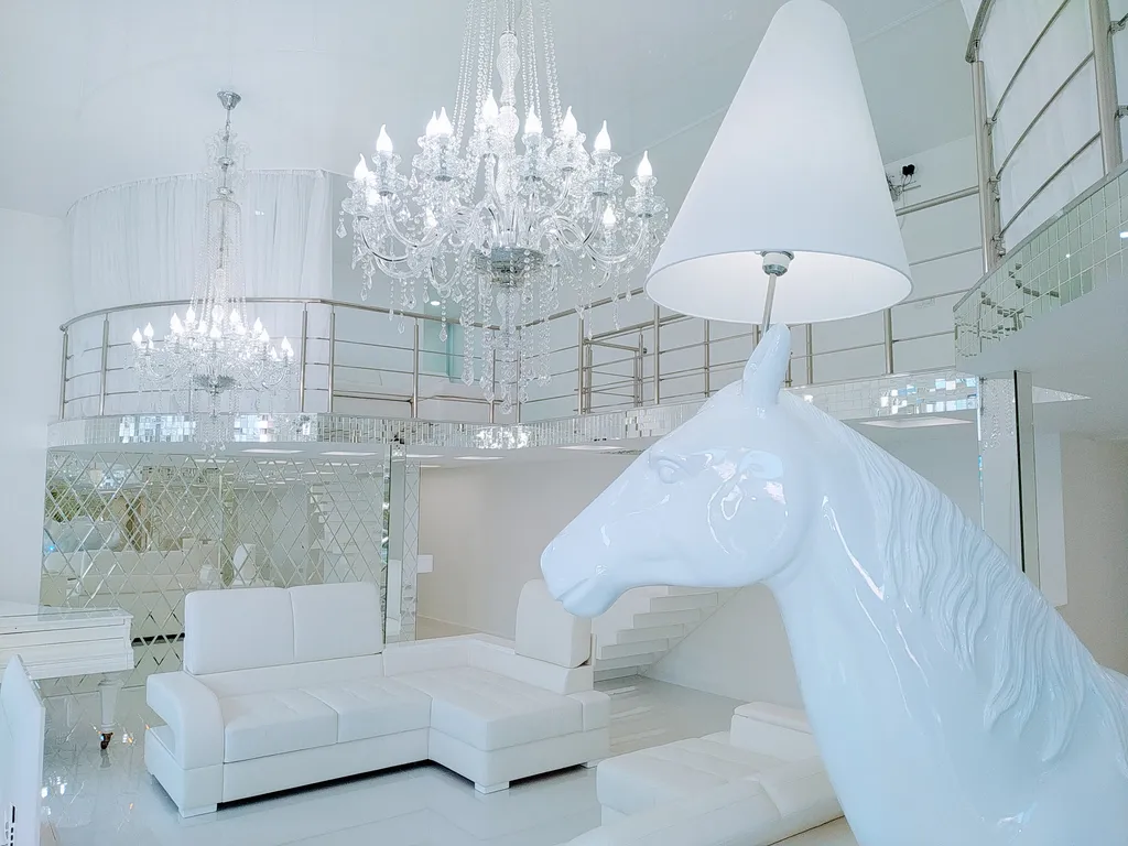 Белые двухъярусные апартаменты с балконом и видом на Невский проспект