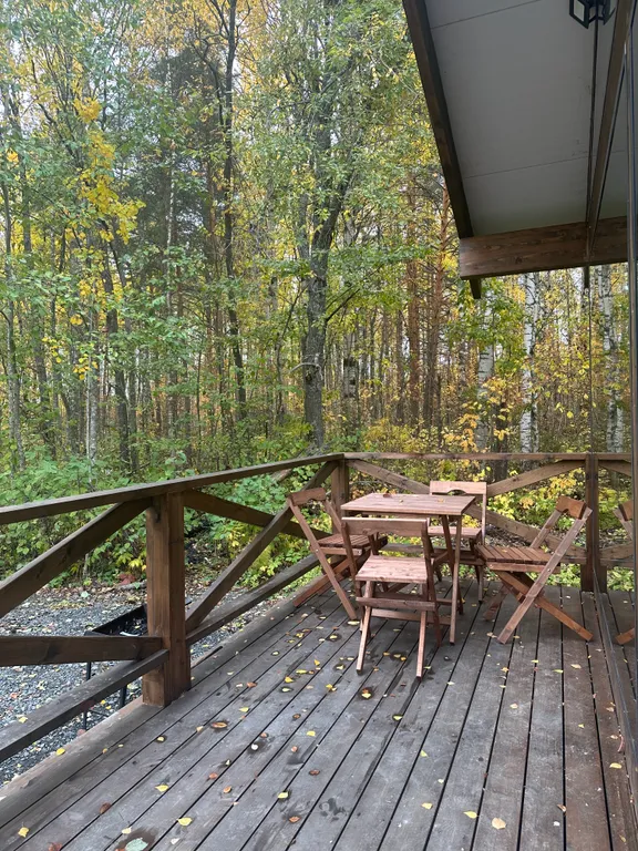 Дом с чаном и панорамными окнами с видом на лес