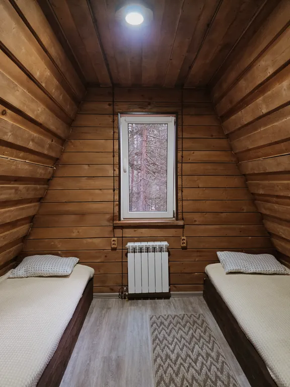 Дом в стиле а-фрейм в сосновом лесу, рядом с горной речкой, экологичес