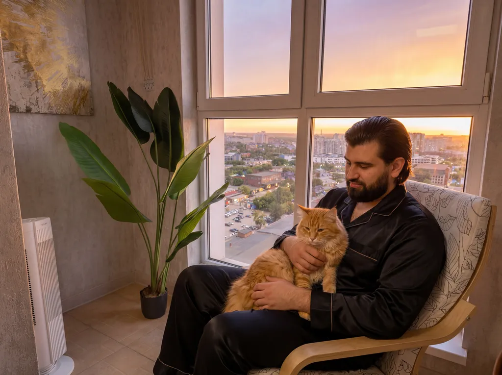 Апартаменты с видом на город в жк большом, в окнах виден закат