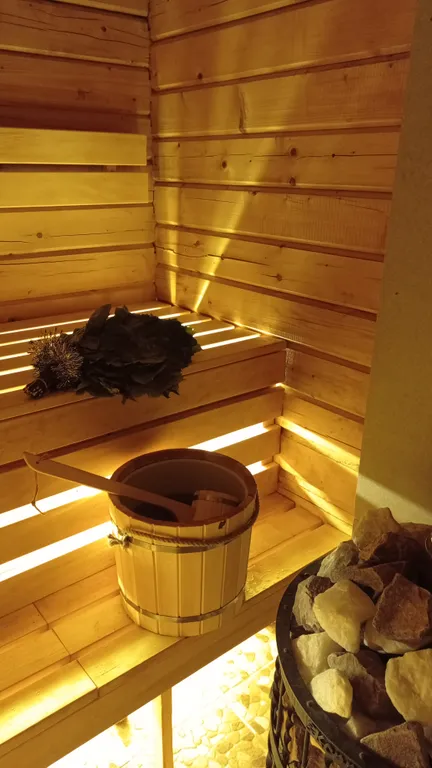 Уютный домик с баней и купелью, горячий чан